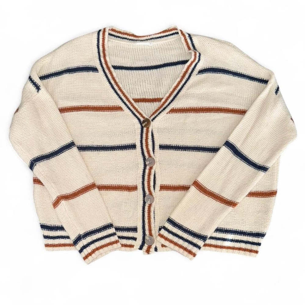 LUSH Cream Navy and Brown Striped Cardigan Button Down Sweater Women’s Size Med
